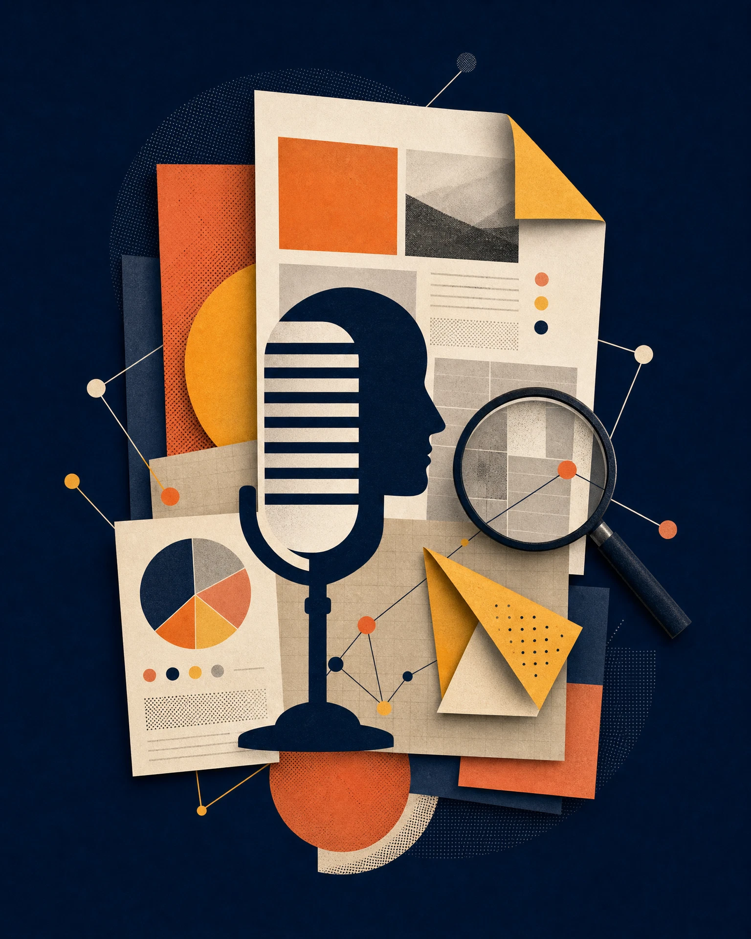 Editorial collage of research, publication, and strategic perspective